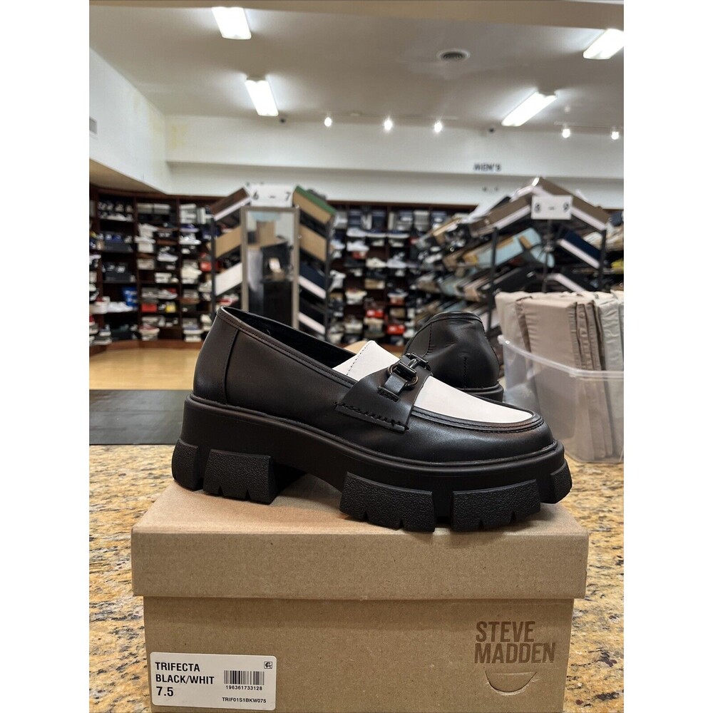 Steve Madden Womens Trifecta Black/White Platform Fashion Loafers Size 7.5M